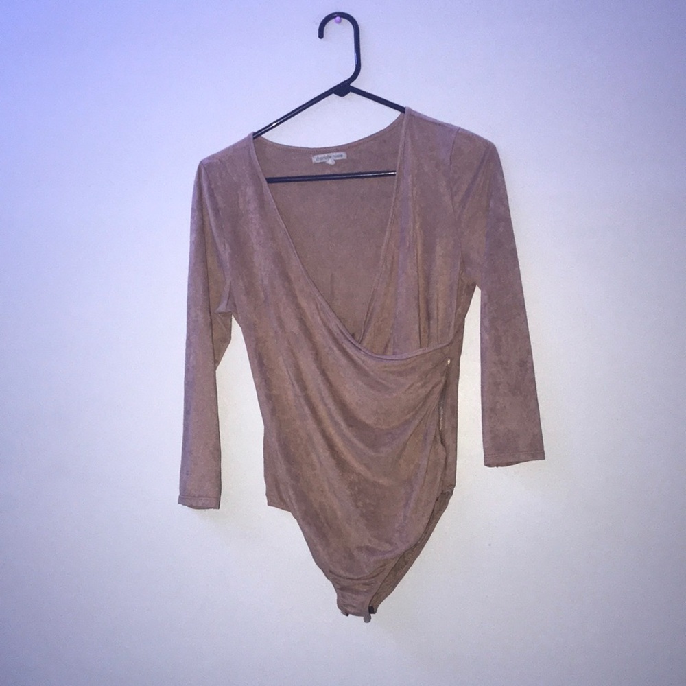 Charlotte Russe Cross body Bodysuit suedes brown tan sz L Junior top shirt